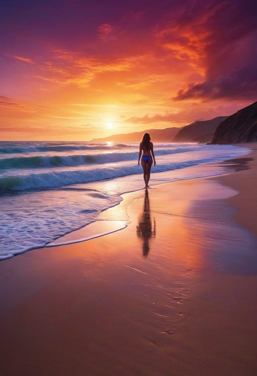 A cinematic scene depicting a lonely figure in a colorful bikini walking along a sunlit beach at sunset, with waves gently lapping at the shore. The backdrop features a moody sky with hints of orange and purple, reflecting the theme of melancholy. Soft focus on the figure, with shadows softly cast on the sand, evoking a sense of introspection and sadness amid vibrant surroundings. super-realistic. vibrant colors. emotional ambiance.