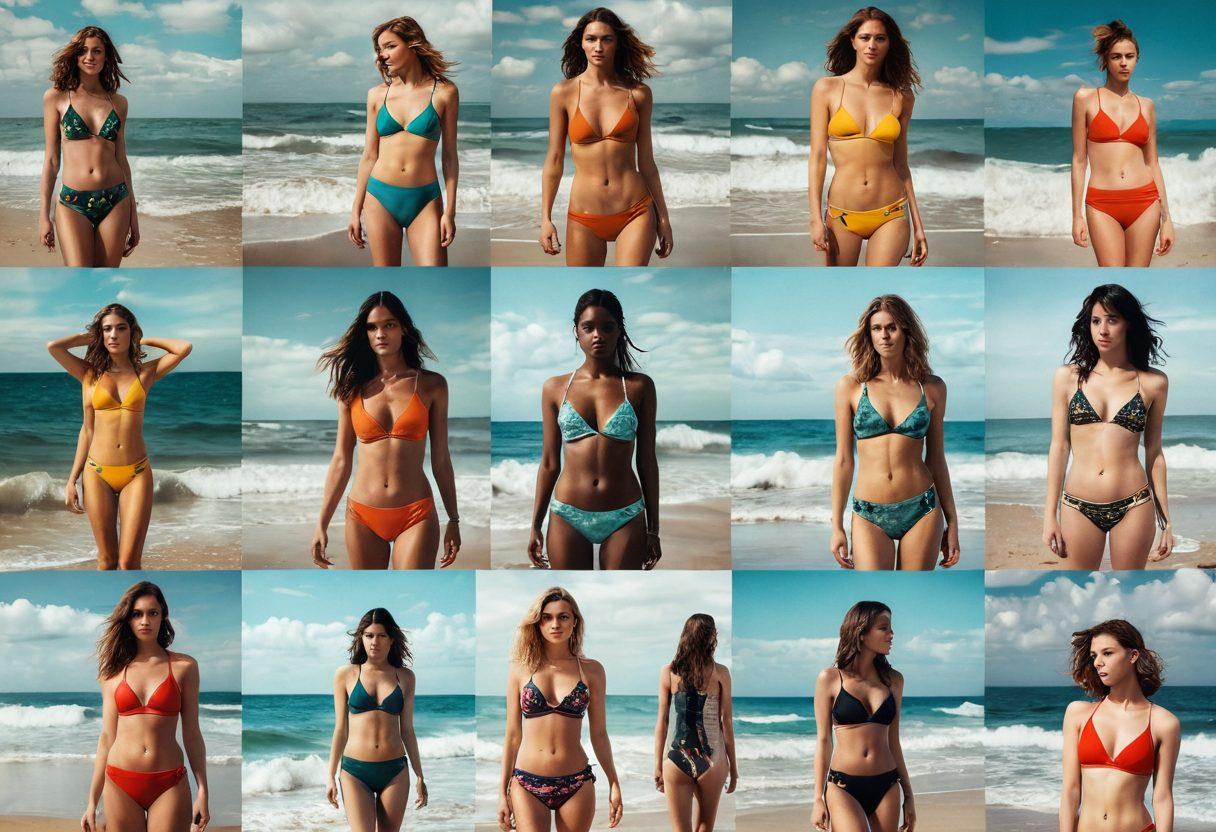 A captivating collage that contrasts bright, sun-kissed beach scenes featuring vibrant swimwear with darker, sorrowful moments from indie films, showcasing characters in evocative poses by the ocean. Include sandy textures, gentle waves, and moody atmospheric elements like overcast skies. Emphasize the emotional transition between joy and melancholy, while incorporating elements of film such as vintage cameras or film reels. vibrant colors, moody undertones, artistic blend of realism and illustration.